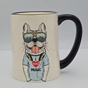 SIGNATURE HOUSEWARES Hipster Dog 17.5 oz Mug "I‎ Woof Music" White Black Handle